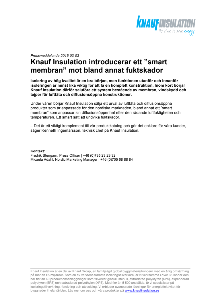 Knauf Insulation introducerar ett ”smart membran” mot bland annat fuktskador