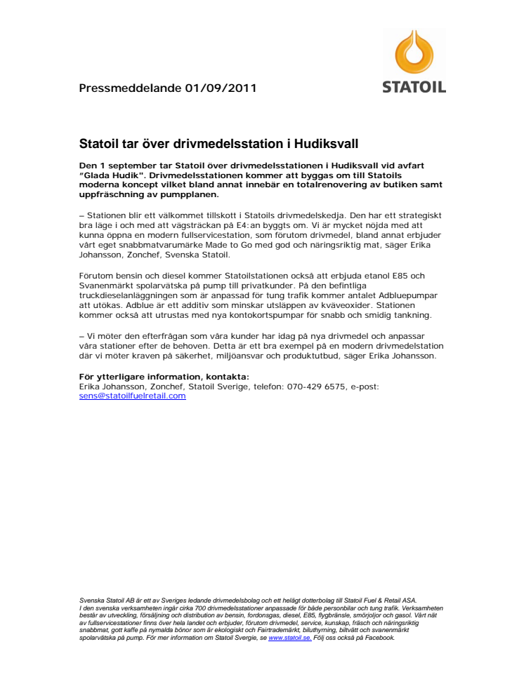 Statoil tar över drivmedelsstation i Hudiksvall