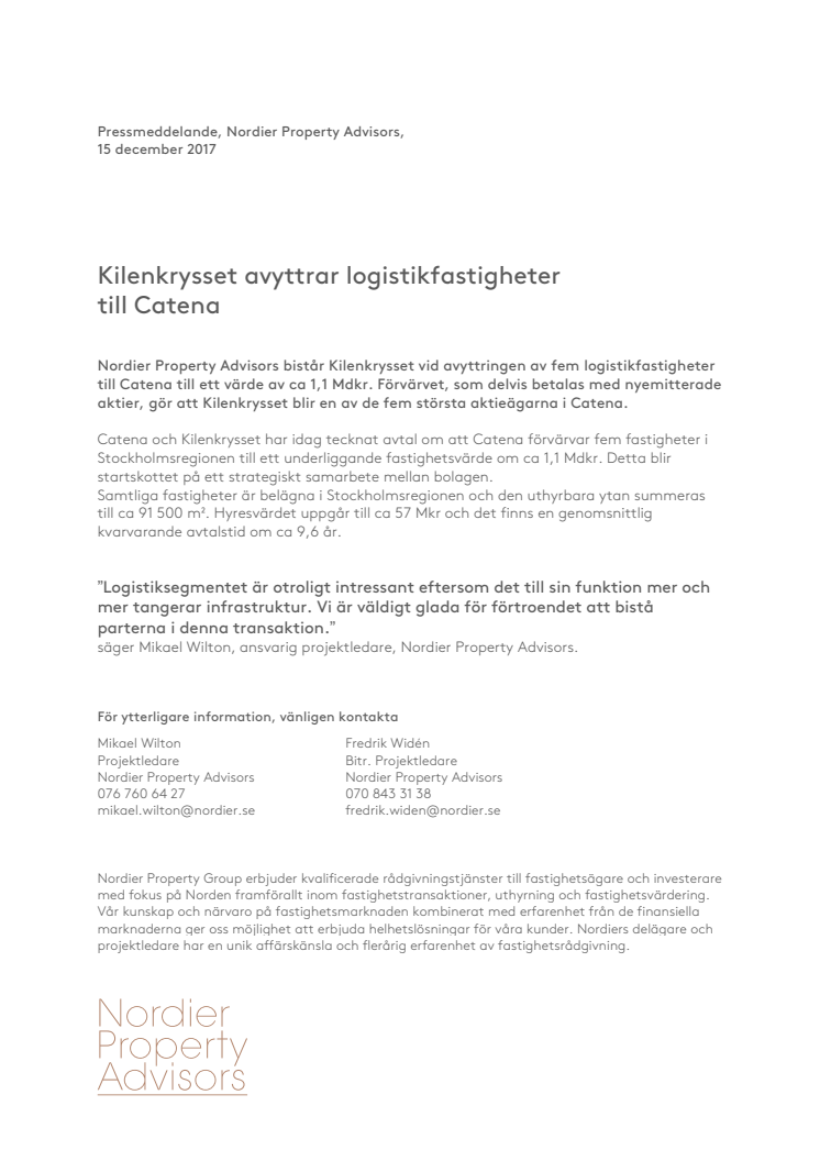 Kilenkrysset avyttrar logistikfastigheter  till Catena