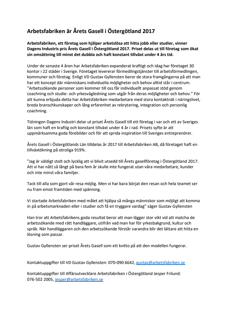 Arbetsfabriken är Årets Gasell i Östergötland 2017