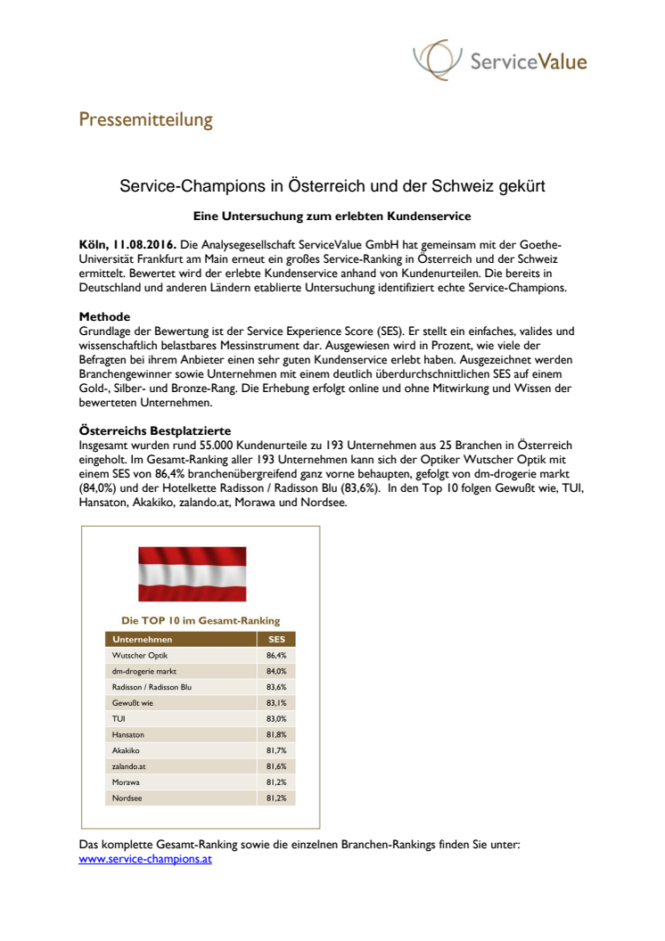 Service-Champions in Österreich und der Schweiz gekürt