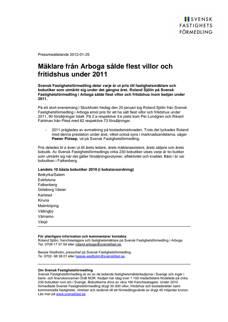 Mäklare från Arboga sålde flest villor och fritidshus under 2011 
