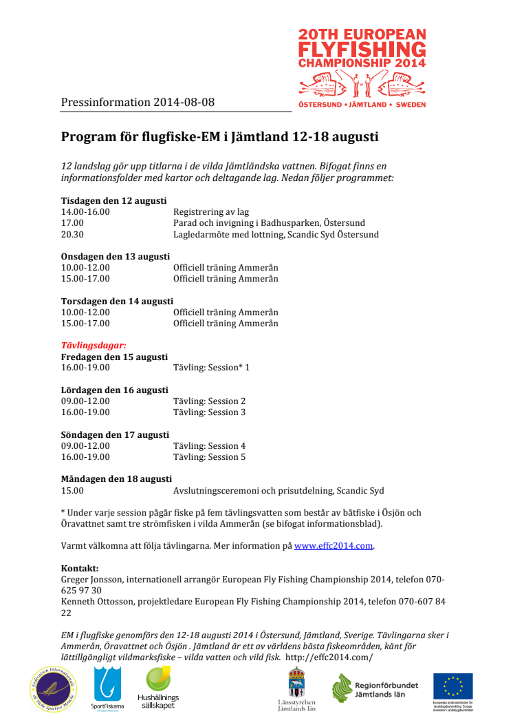 Program för flugfiske-EM i Jämtland 12-18 augusti