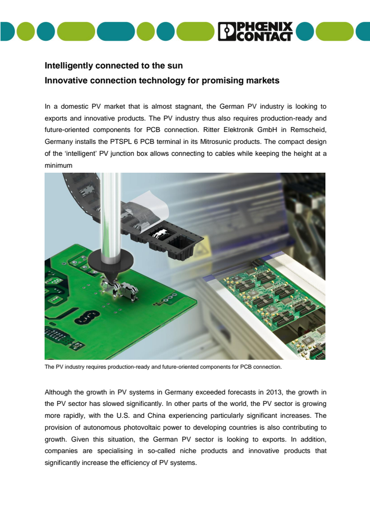 Intelligently connected to the sun: Innovative connection technology for promising markets