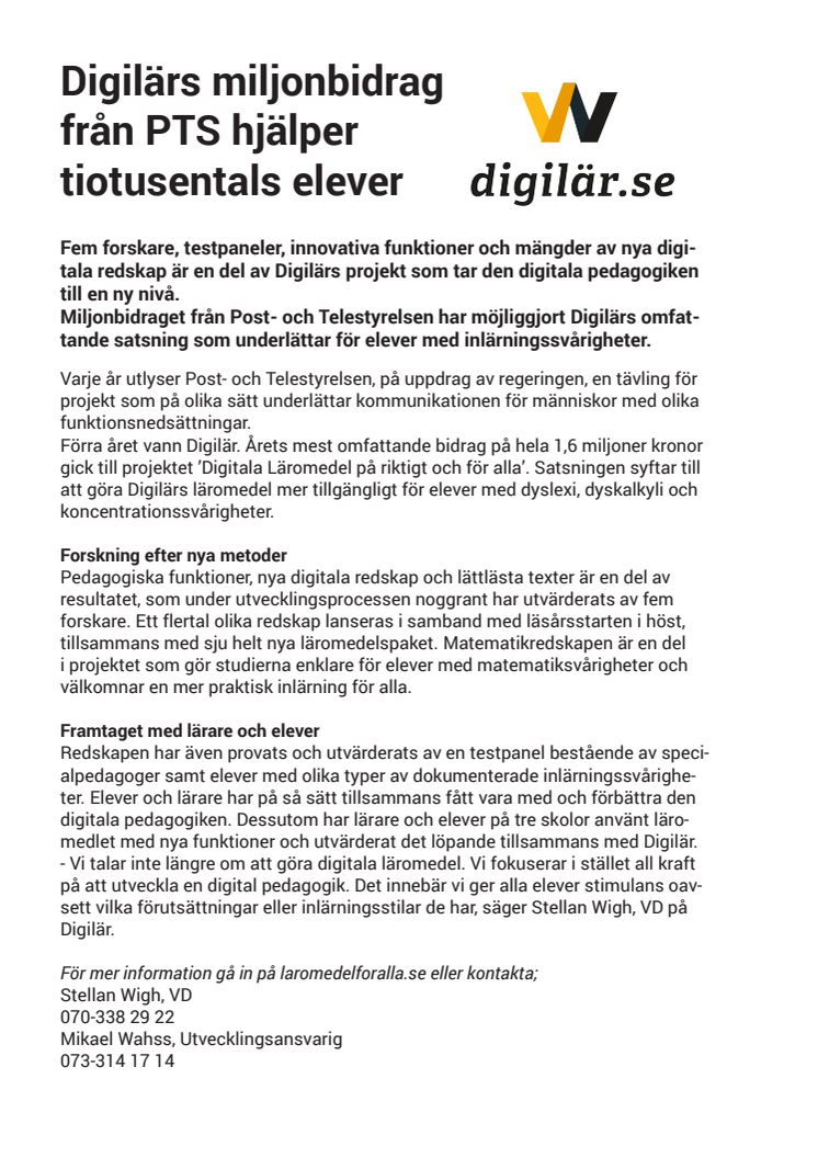 Digilärs miljonbidrag från PTS hjälper tiotusentals elever