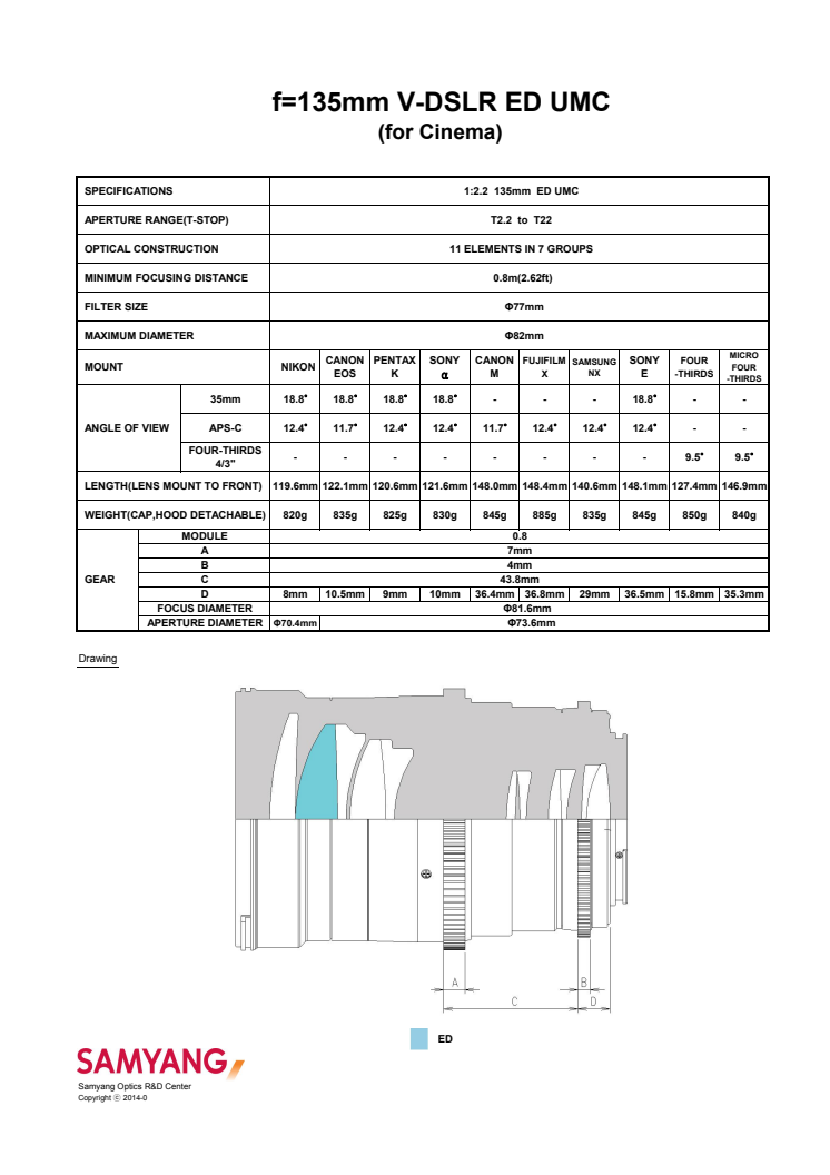 Samyang 135mm T/2,2 VDSLR, specifikationer