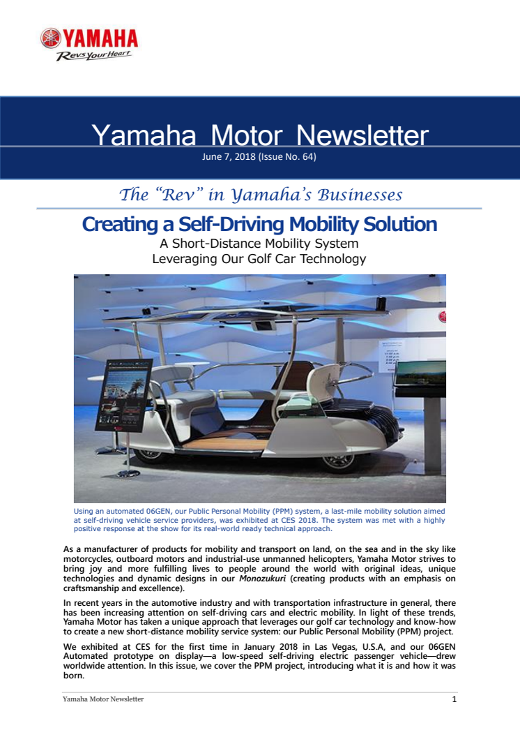 Creating a Self-Driving Mobility Solution　Yamaha Motor Newsletter (June 7, 2018 No. 64)