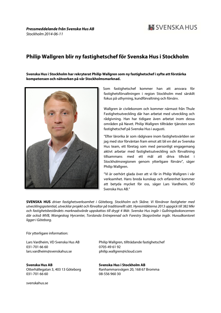 Philip Wallgren blir ny fastighetschef för Svenska Hus i Stockholm