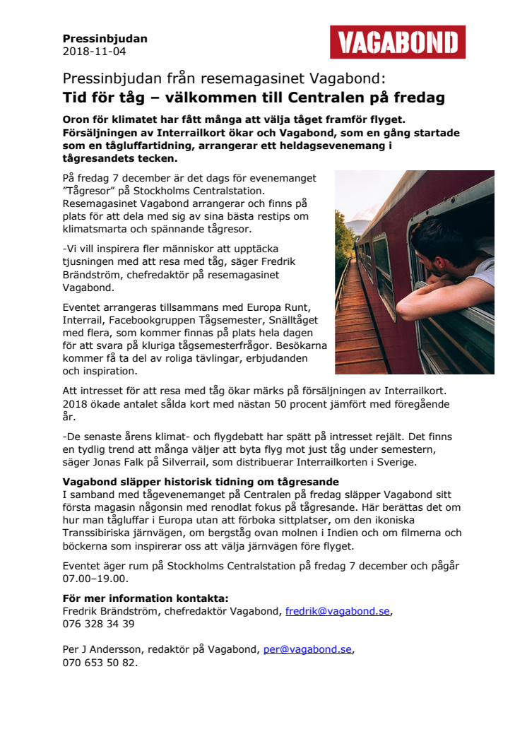 Pressinbjudan från resemagasinet Vagabond: Tid för tåg – välkommen till Centralen på fredag