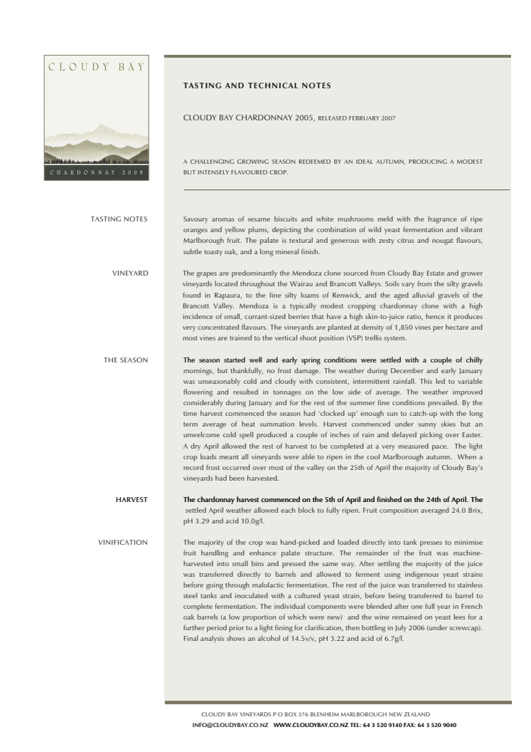 Cloudy Bay Chardonnay 2005