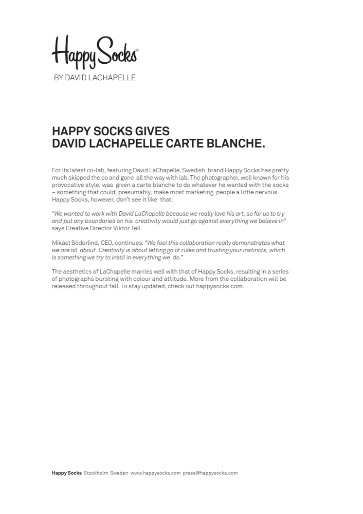 HAPPY SOCKS LANSERAR KAMPANJ MED DAVID LACHAPELLE