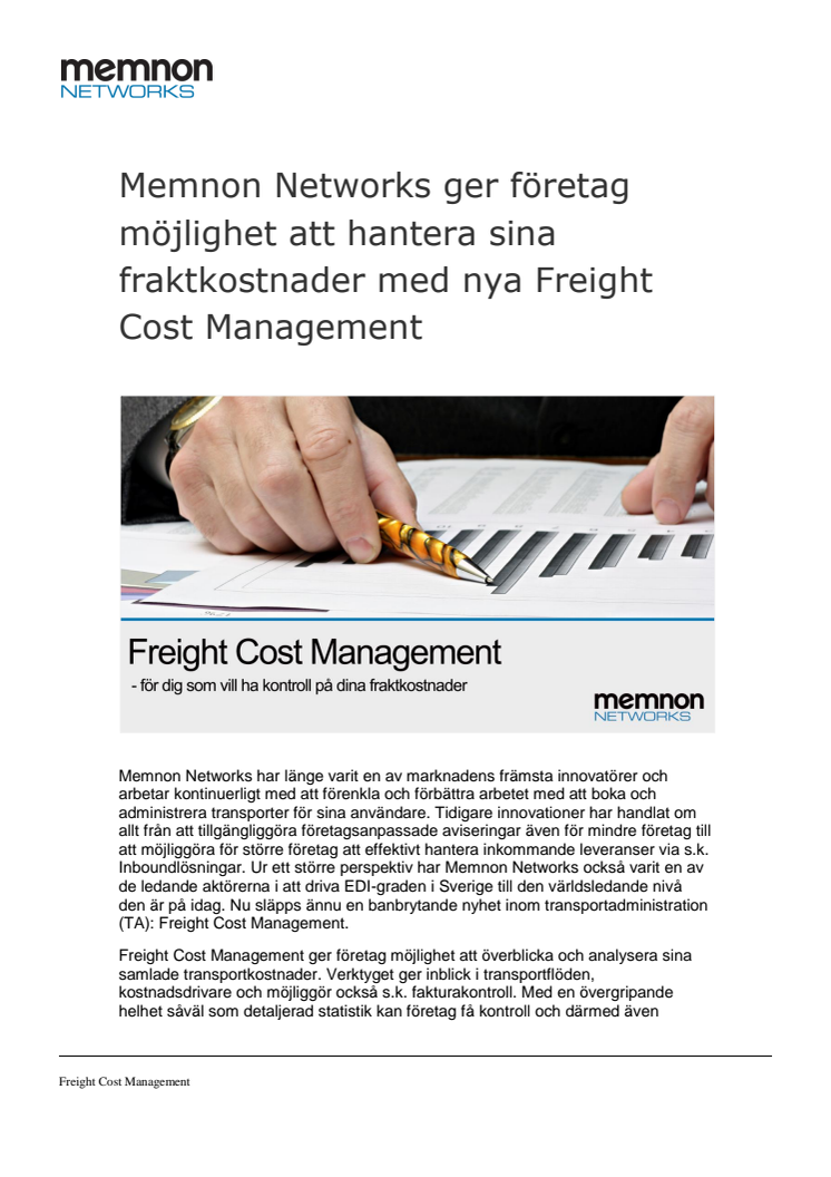 Memnon Networks ger företag möjlighet att hantera sina fraktkostnader med nya Freight Cost Management
