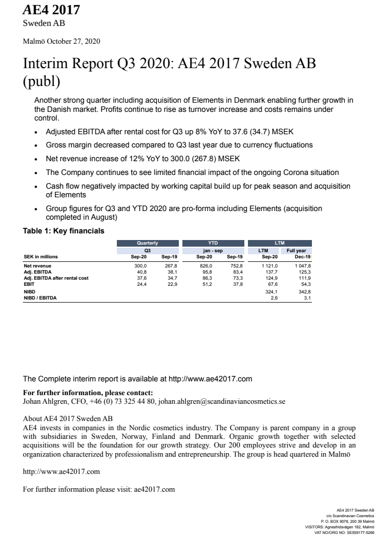 Interim Report Q3 2020: AE4 2017 Sweden AB (publ)