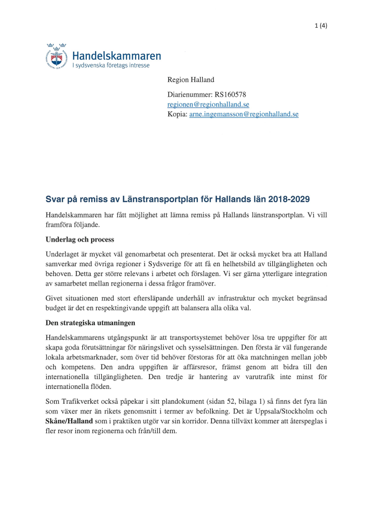 Svar på remiss av Länstransportplan för Hallands län 2018-2029