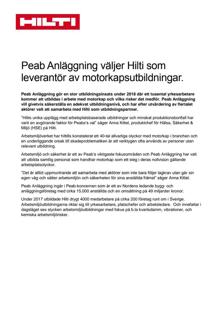 Peab Anläggning väljer Hilti som leverantör av motorkapsutbildningar.
