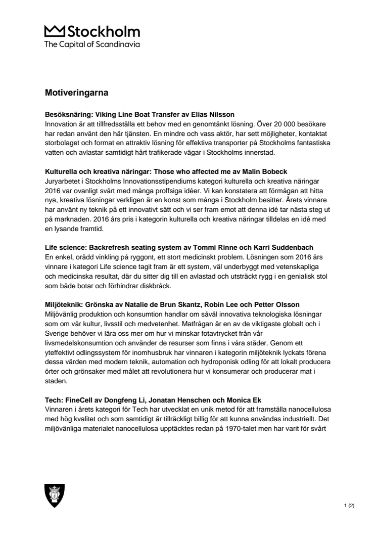 Vinnare av Stockholms Innovationsstipendium 2016 - Motiveringarna