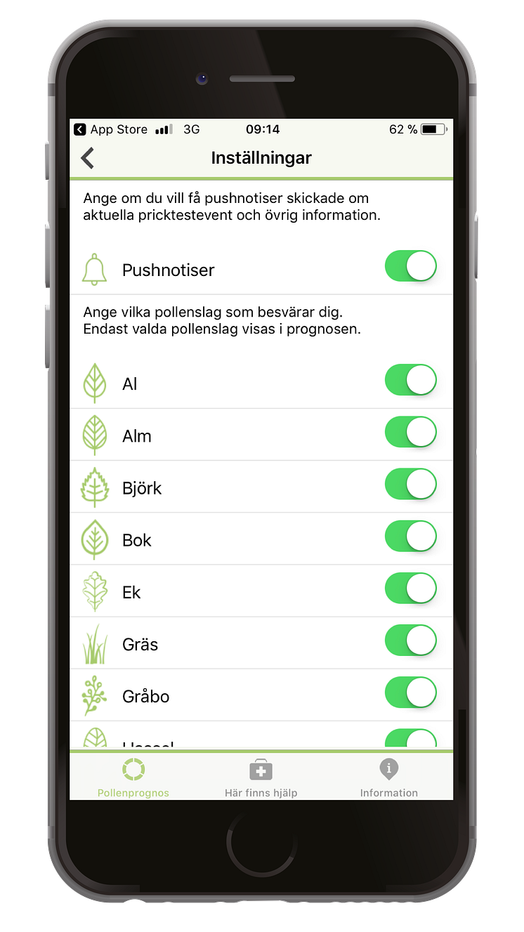 Pollenkoll app Välj pollen