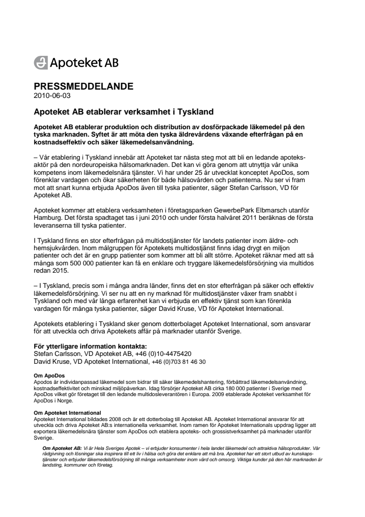 Apoteket AB etablerar verksamhet i Tyskland