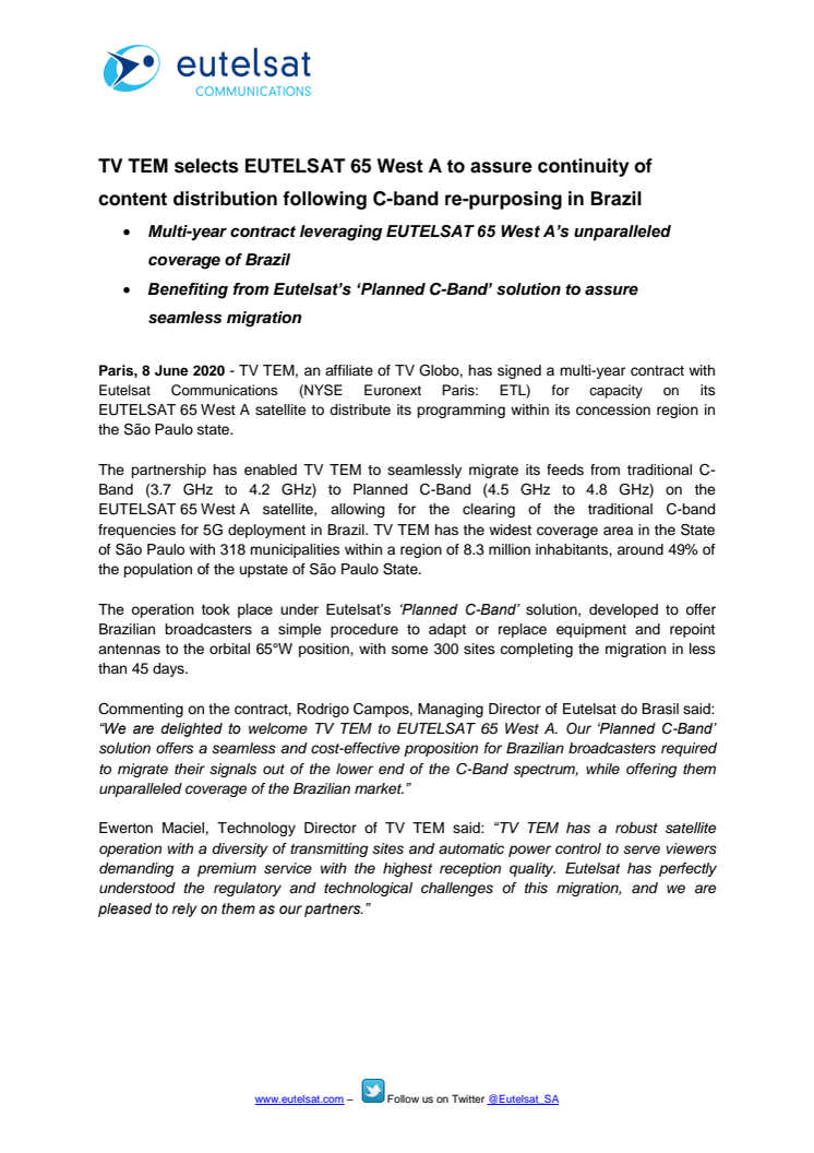 TV TEM selects EUTELSAT 65 West A to assure continuity of content distribution following C-band re-purposing in Brazil 
