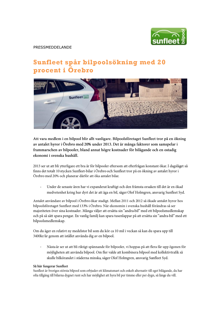 Sunfleet spår bilpoolsökning med 20 procent i Örebro