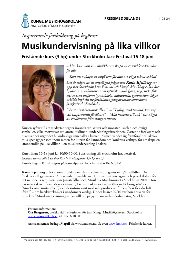 Inbjudan "Musikundervisning på lika villkor" 16-18/6 2011