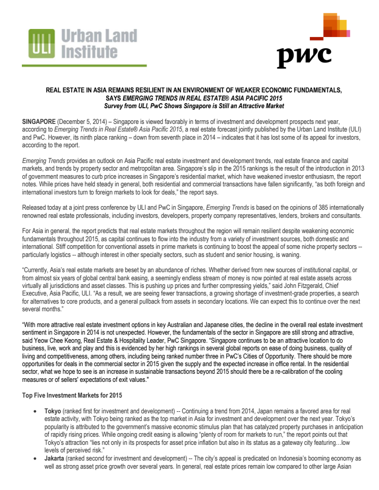 Real Estate in Asia Remains Resilient in an Environment of Weaker Economic Fundamentals, says Emerging Trends In Real Estate® Asia Pacific 2015