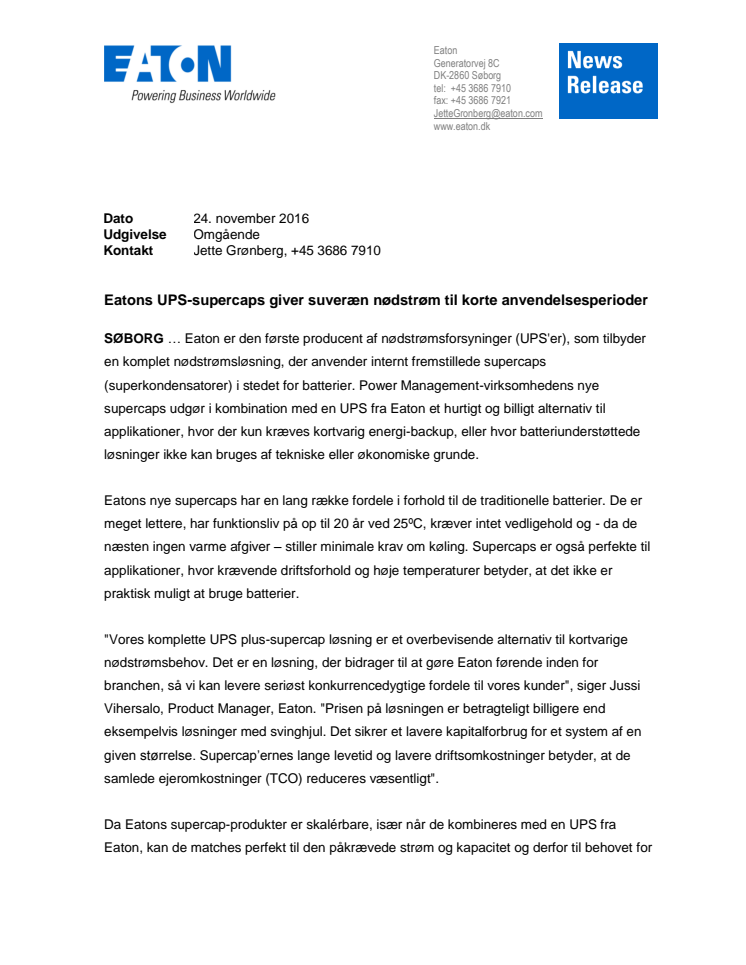 Eatons UPS-supercaps giver suveræn nødstrøm til korte anvendelsesperioder