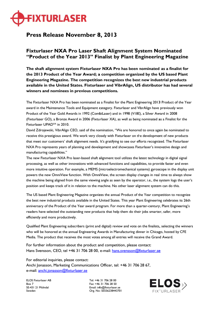Fixturlaser NXA Pro Laser Shaft Alignment System Nominated "Product of the Year 2013" Finalist by Plant Engineering Magazine