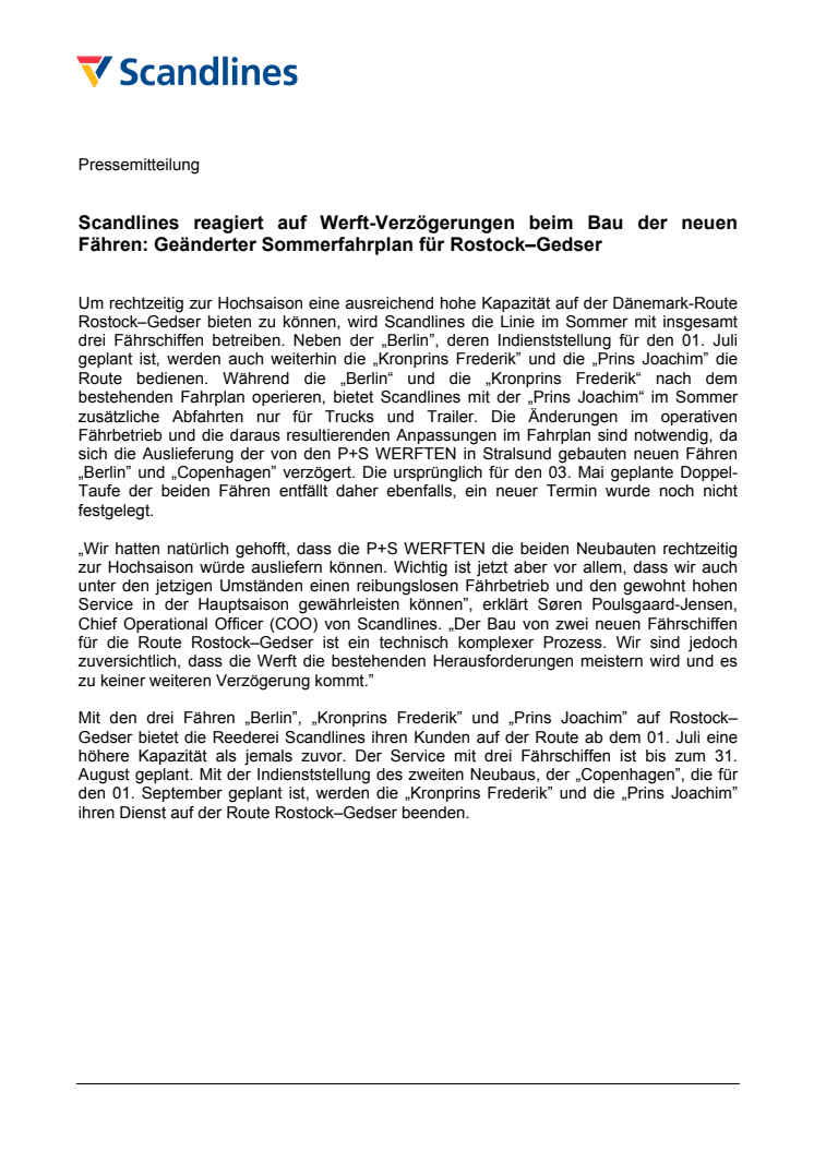 Scandlines reagiert auf Werft-Verzögerungen beim Bau der neuen Fähren: Geänderter Sommerfahrplan für Rostock–Gedser
