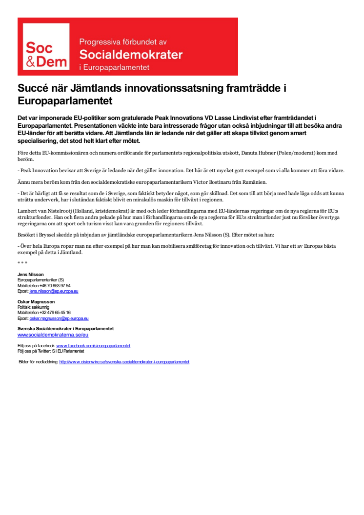Pressmeddelande från Europaparlamentet: Succé när Jämtlands innovationssatsning framträdde i Europaparlamentet