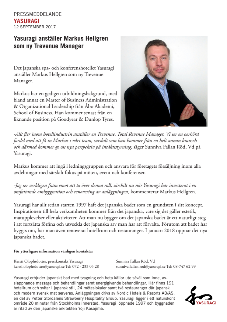Yasuragi anställer Markus Hellgren  som ny Trevenue Manager