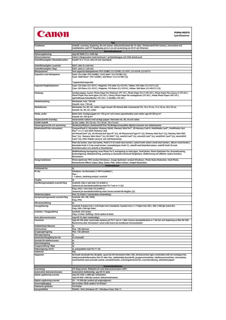 Teknisk specifikation PIXMA MX870