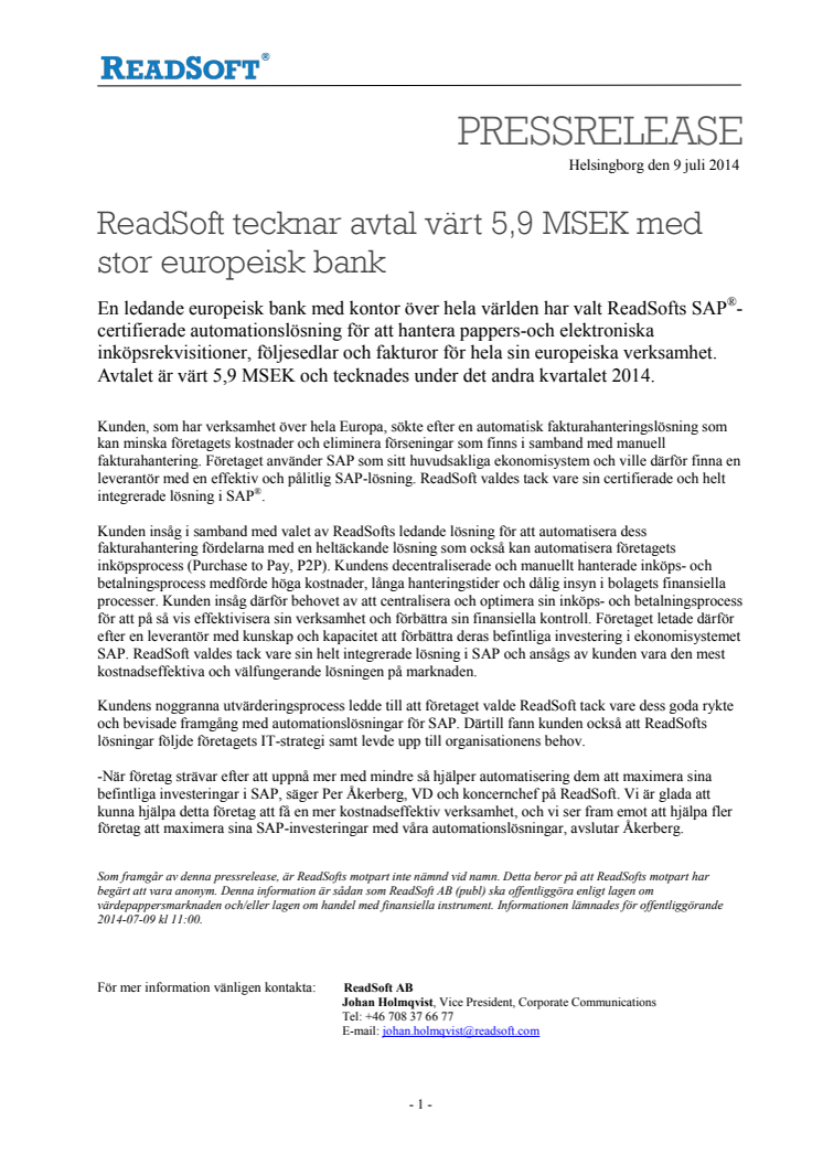 ReadSoft tecknar avtal värt 5,9 MSEK med stor europeisk bank