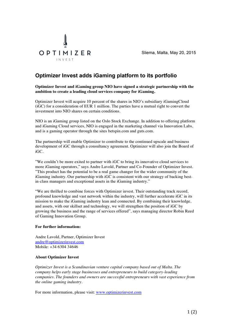 Optimizer Invest adds iGaming platform to its portfolio