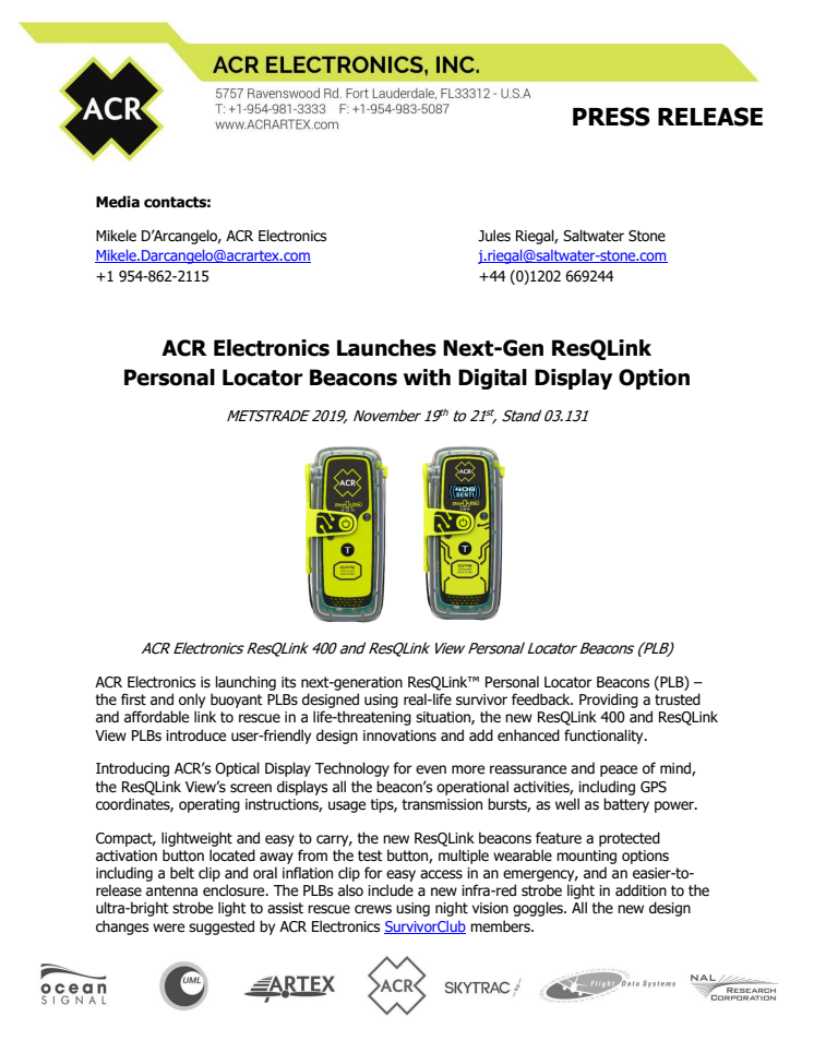 ACR Electronics Launches Next-Gen ResQLink Personal Locator Beacons with Digital Display Option