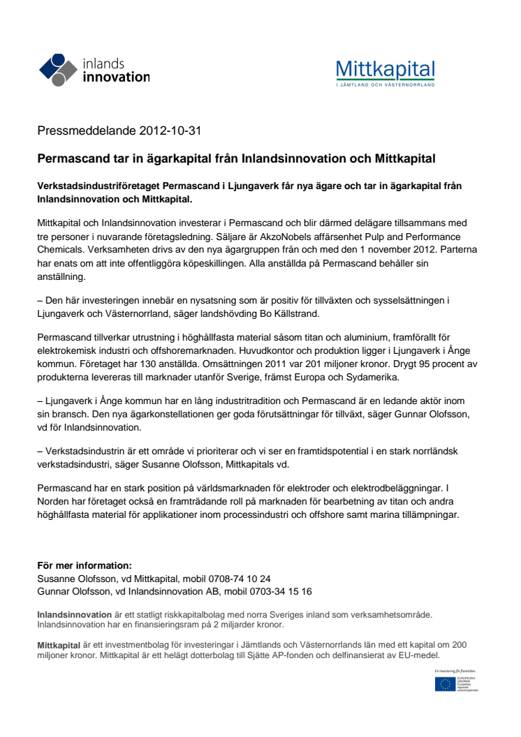 Permascand tar in ägarkapital från Inlandsinnovation och Mittkapital      
