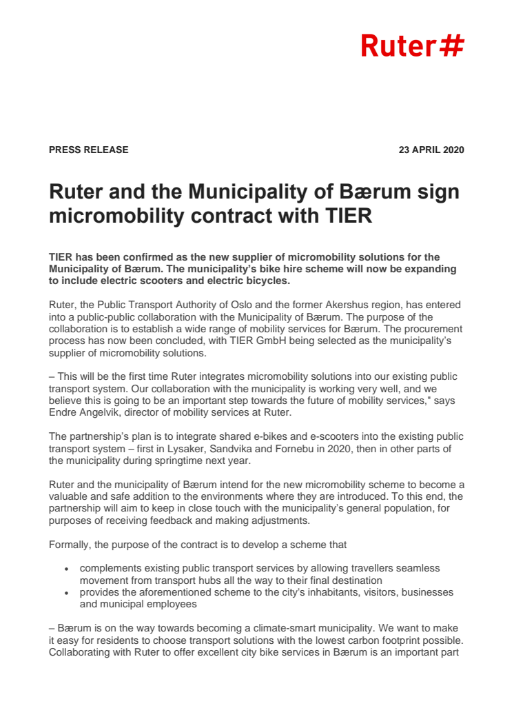 Ruter and the Municipality of Bærum sign micromobility contract with TIER