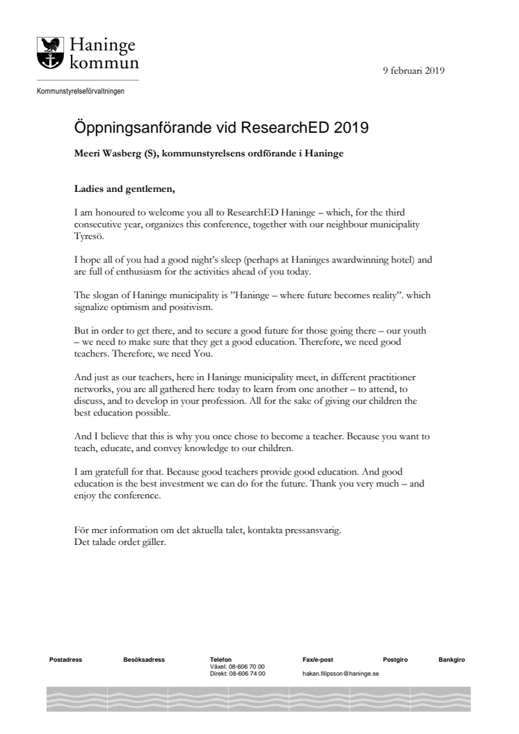 Öppningsanförande av Meeri Wasberg (S) vid ResearchEd 2019