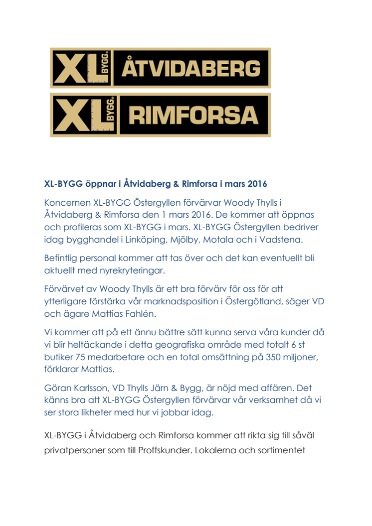 XL-BYGG öppnar bygghandel i Åtvidaberg & Rimforsa 14:e april 2016