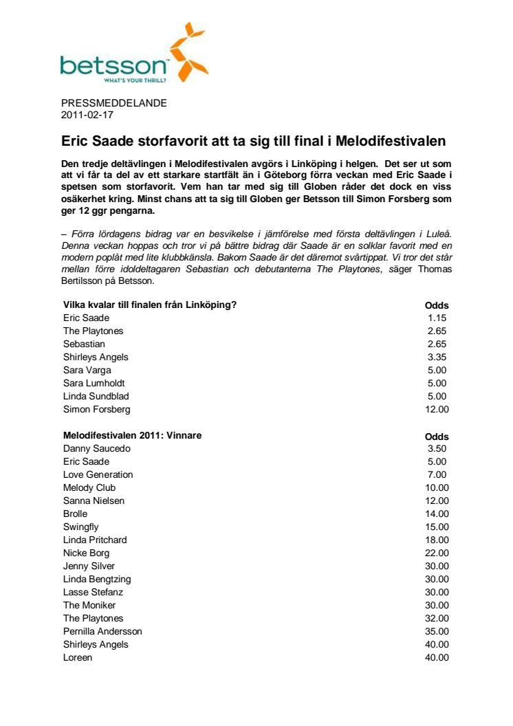 Eric Saade storfavorit att ta sig till final i Melodifestivalen