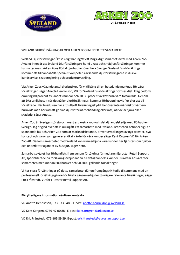 Sveland Djurförsäkringar och Arken Zoo inleder samarbete