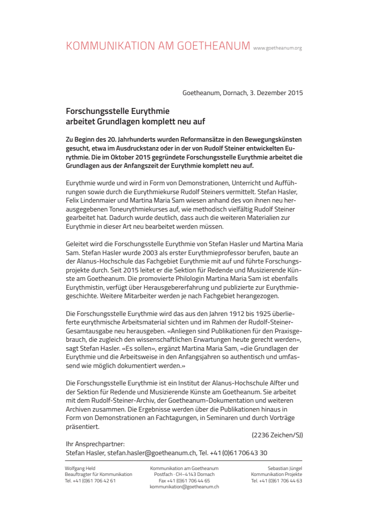 Forschungsstelle Eurythmie  am Goetheanum arbeitet Grundlagen komplett neu auf