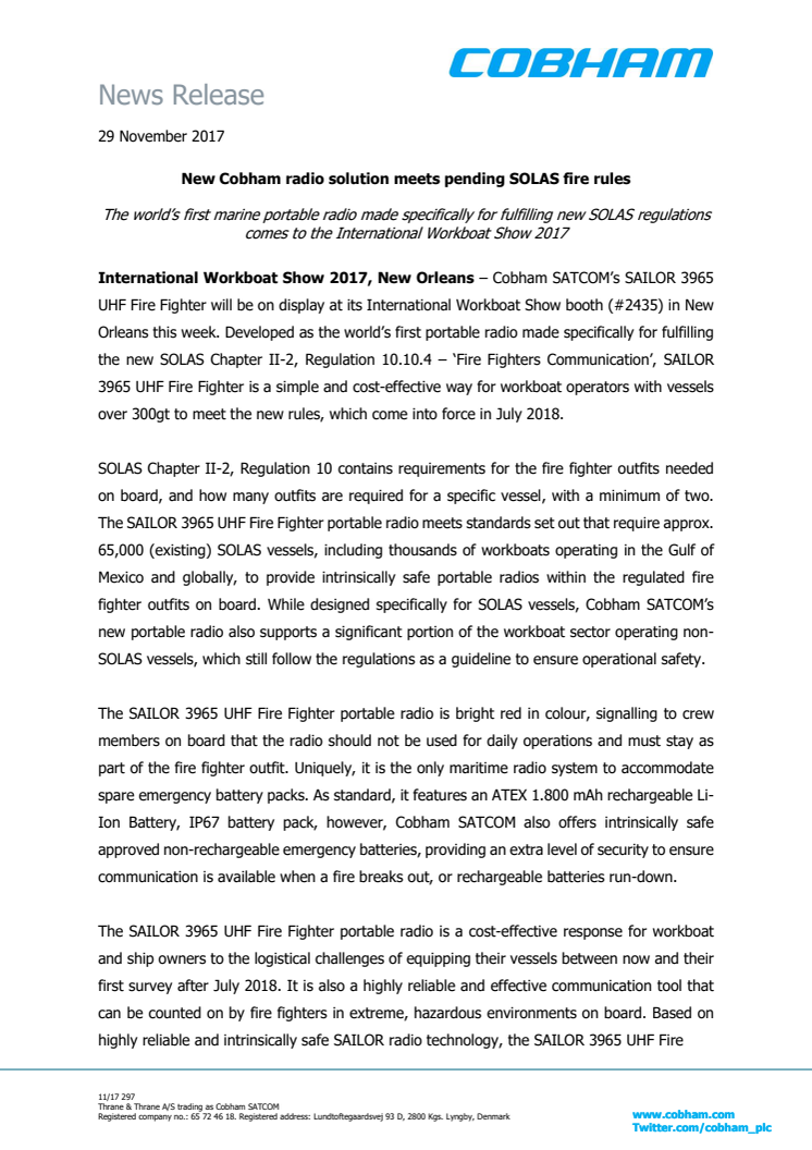 Cobham SATCOM - IWBS 2017: New Cobham radio solution meets pending SOLAS fire rules