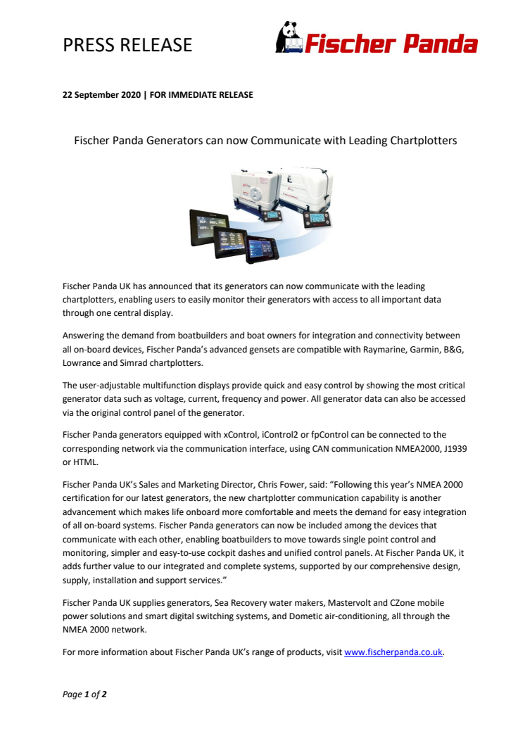 Fischer Panda Generators can now Communicate with Leading Chartplotters