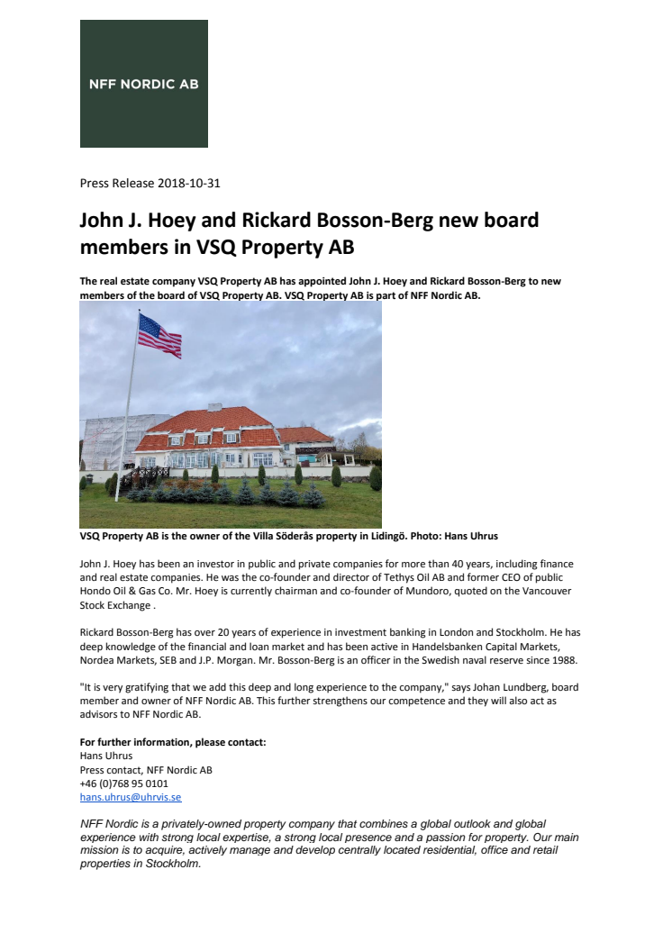 John J. Hoey and Rickard Bosson-Berg new board members in VSQ Property AB