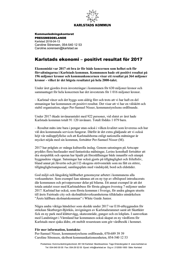 Karlstads ekonomi – positivt resultat för 2017