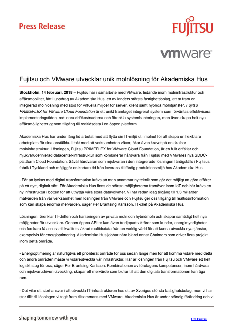 Fujitsu och VMware utvecklar unik molnlösning för Akademiska Hus