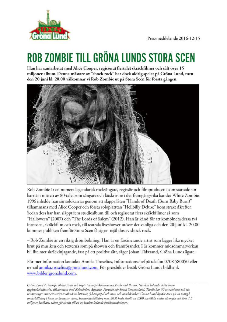 Rob Zombie till Gröna Lunds Stora Scen