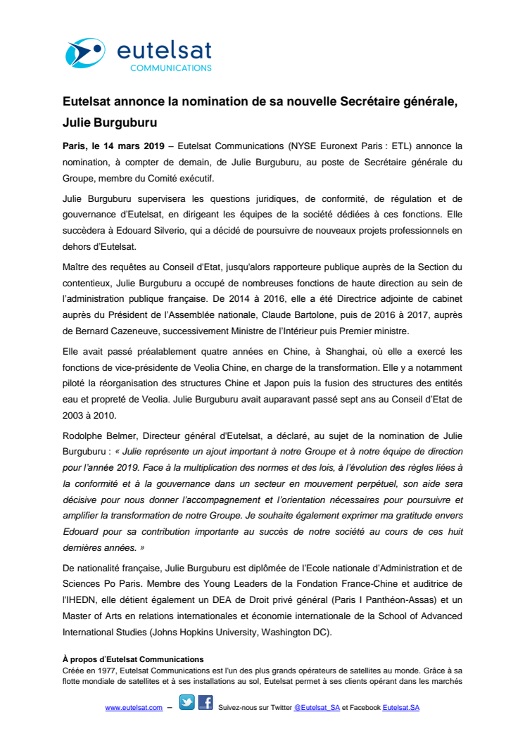 Eutelsat annonce la nomination de sa nouvelle Secrétaire générale, Julie Burguburu