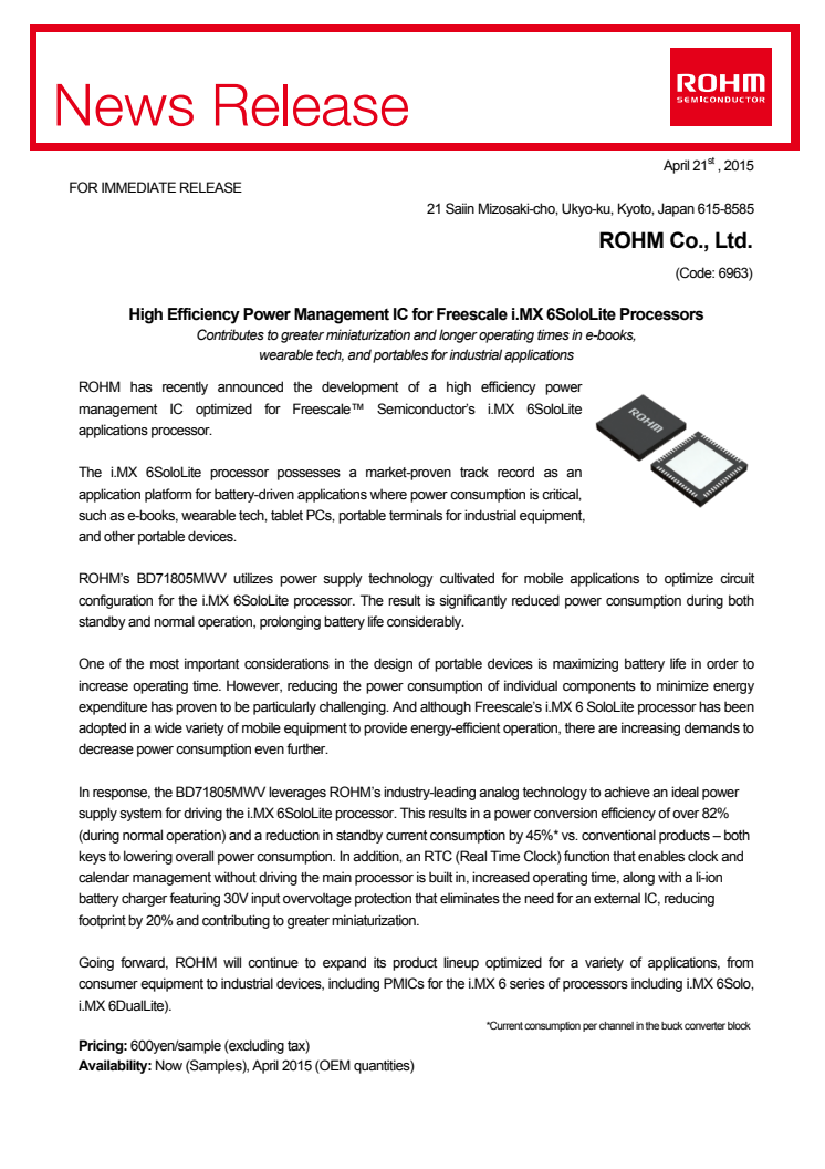High Efficiency Power Management IC for Freescale i.MX 6SoloLite Processors -- Contributes to greater miniaturization and longer operating times in e-books,  wearable tech, and portables for industrial applications
